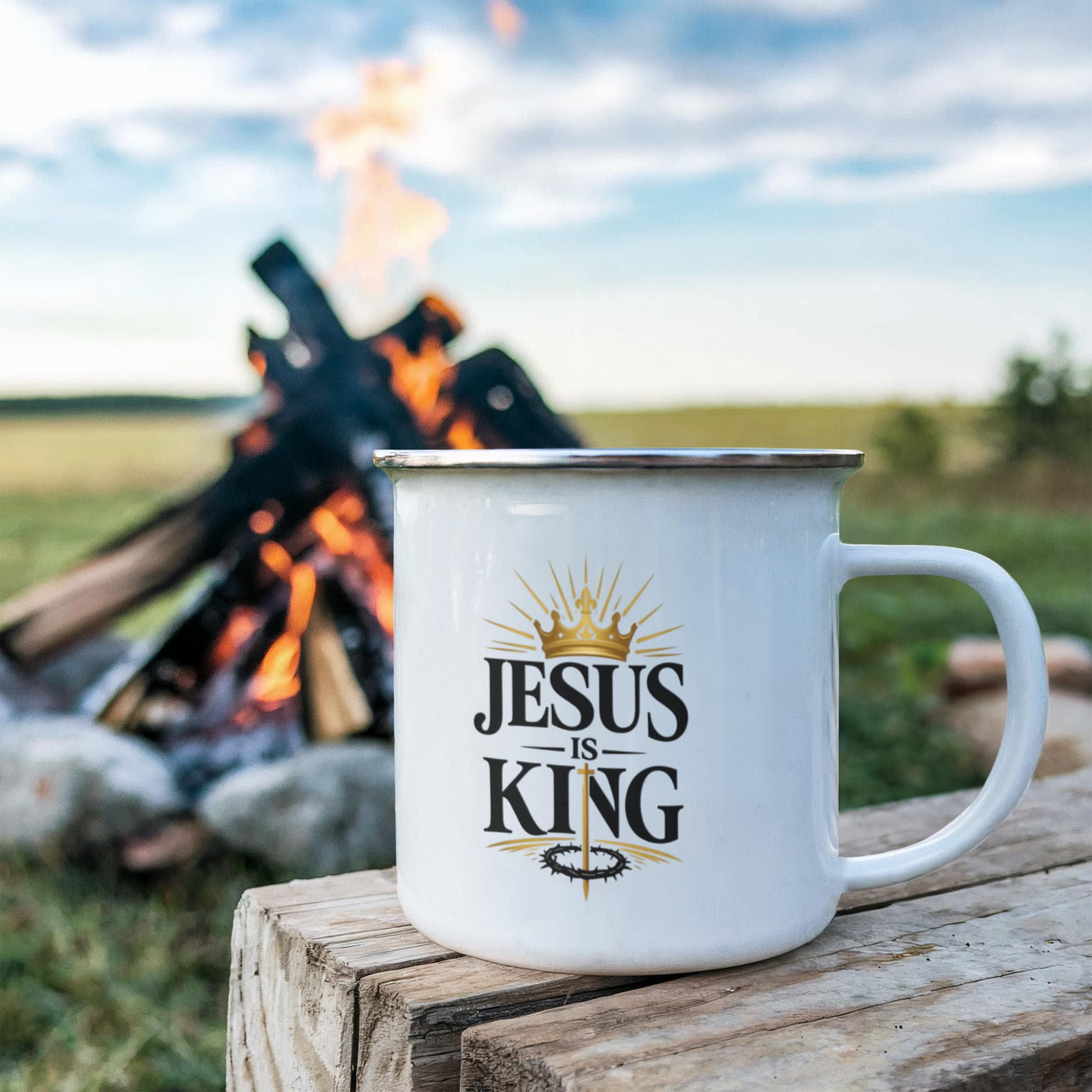 Jesus Is King Christian Camping Mug | Faith-Based Enamel Coffee Mug