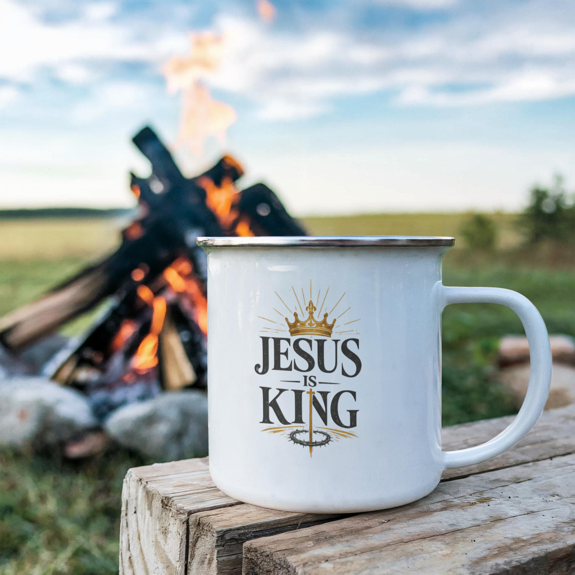Jesus Is King Christian Camping Mug | Faith-Based Enamel Coffee Mug