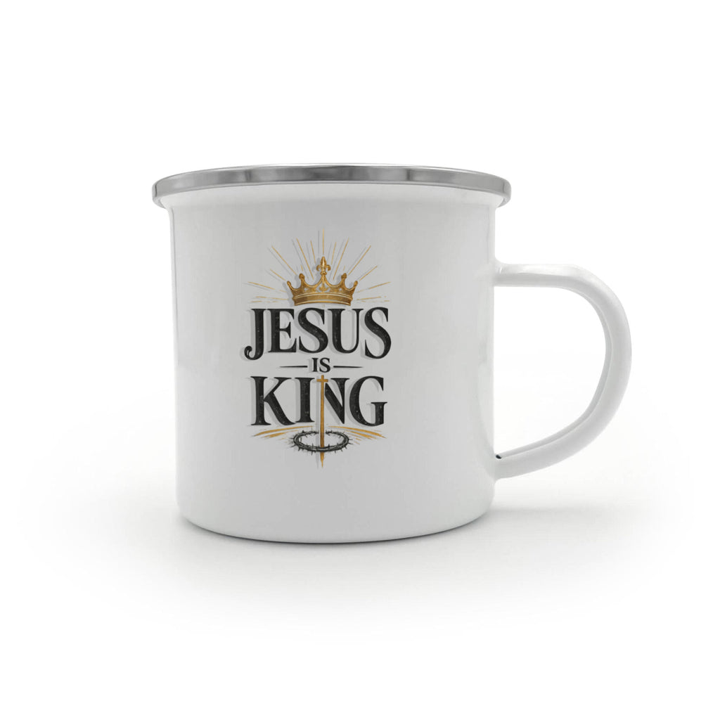 Jesus Is King Christian Camping Mug | Faith-Based Enamel Coffee Mug