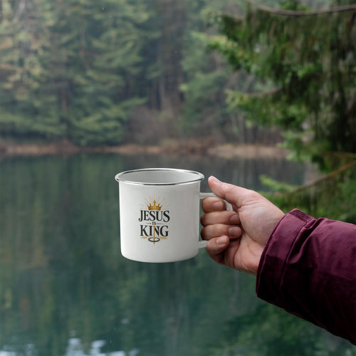 Jesus Is King Christian Camping Mug | Faith-Based Enamel Coffee Mug