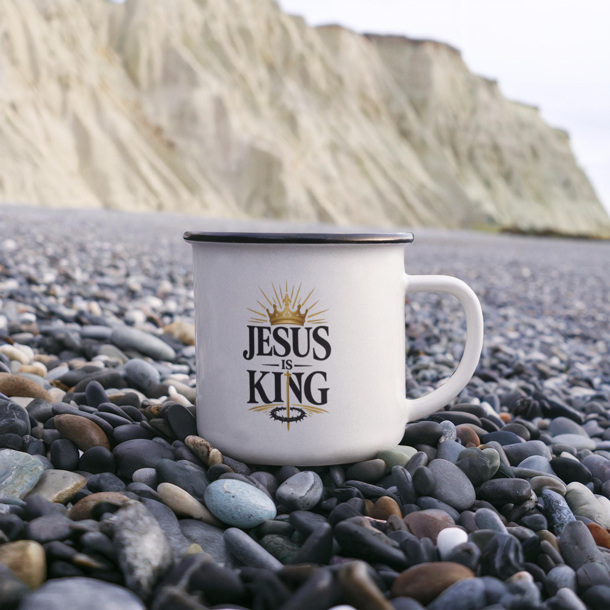Jesus Is King Christian Camping Mug | Faith-Based Enamel Coffee Mug