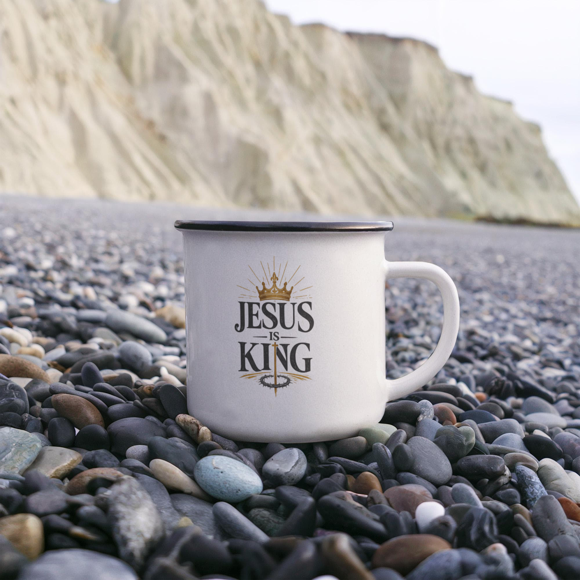 Jesus Is King Christian Camping Mug | Faith-Based Enamel Coffee Mug